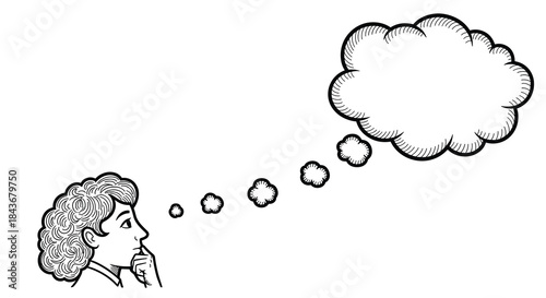 Profile of a person in deep thought with a large blank thought bubble for text, depicted in a classic hand-drawn ink style.