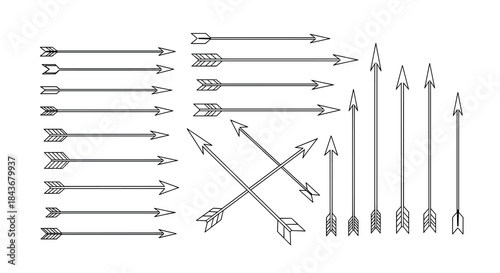 Comprehensive set of clean, minimalist line art arrows pointing in different directions, including crossed and vertical orientations.