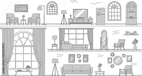 Home interior, living room decor, modern furniture, sofa, armchair, window, lamp, shelf, flower vase, flat vector illustration