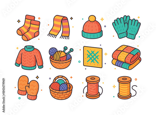 Colorful Knitted Icons. Knitted Items. Colorful isometric vector
