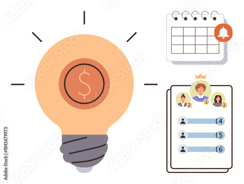 Lightbulb with dollar sign, calendar with notification, team leaderboard. Ideal for productivity, teamwork, business strategy, innovation, goal setting, time management simple flat metaphor