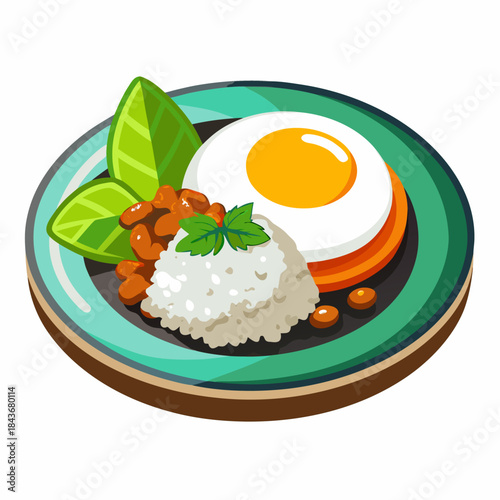 Delicious plate of rice egg and beans with greens