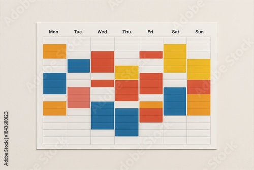 Colorful weekly planner layout with structured time blocks and vibrant sections for effective time management and productivity organization in a creative workspace environment
