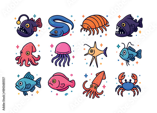Colorful Deep Sea Icons. Deep sea creatures. Colorful isometric