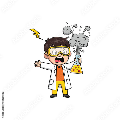 Young child in scientist costume with goggles amazed by smoking lab experiment reaction