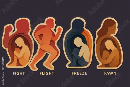 Exploring the Four Stress Response Archetypes Fight Flight Freeze Fawn Illustrated with Abstract Paper Cutout Figures in Earthy Tones captured with clarity