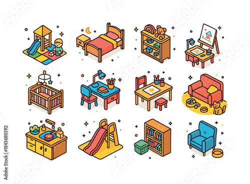 Colorful Home Icons. Home with Kids. Colorful isometric vector i