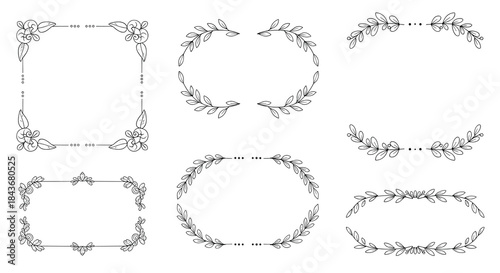 Lovely set of hand-drawn botanical frames and borders with delicate leaves and floral elements for wedding or invitation designs.