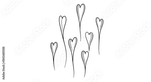 Simple and charming illustration of seven hand-drawn hearts on long, thin stems, resembling a bouquet of abstract flowers.