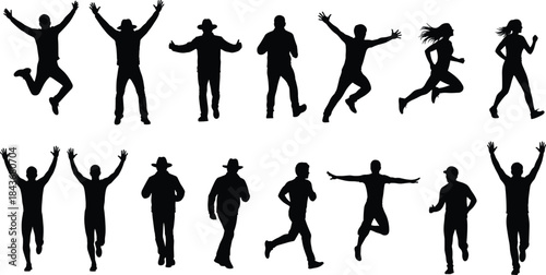 Human silhouette, jumping pose, walking gesture, running stance, expressive motion, anchor figure, dynamic posture, flat vector illustration