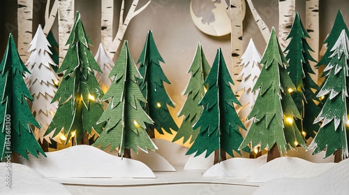 Paper-cut decoration with green spruces in a winter forest. Hand-made DIY decoration