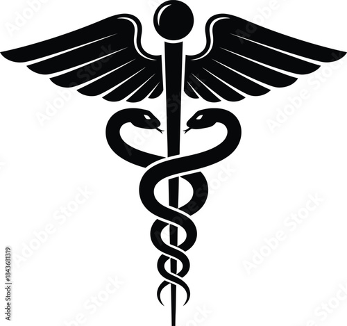 Black caduceus symbol on white background isolated