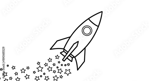 Outline drawing of a rocket launching with stars trailing on an isolated white background, for coloring book.