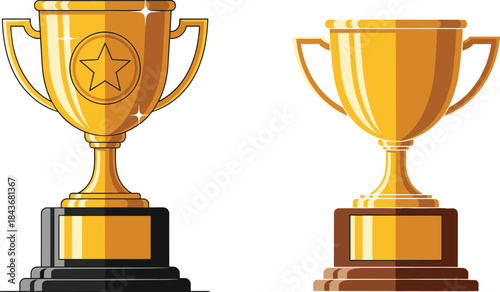 Golden trophy cup award set with star emblem and classic base design for winner celebration vector illustration