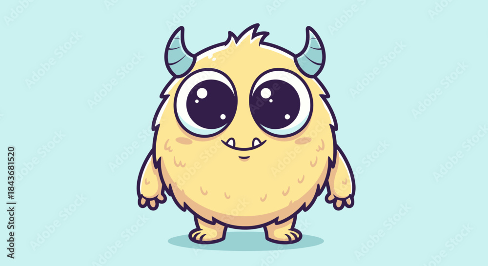 Fototapeta premium Cute Yellow Furry Monster Character with Big Eyes and Small Horns on an Isolated White Background