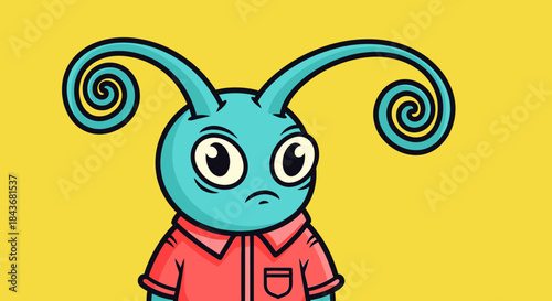 Cute Blue Cartoon Alien Monster with Swirly Antennae and Thoughtful Expression on a Bright Yellow Background