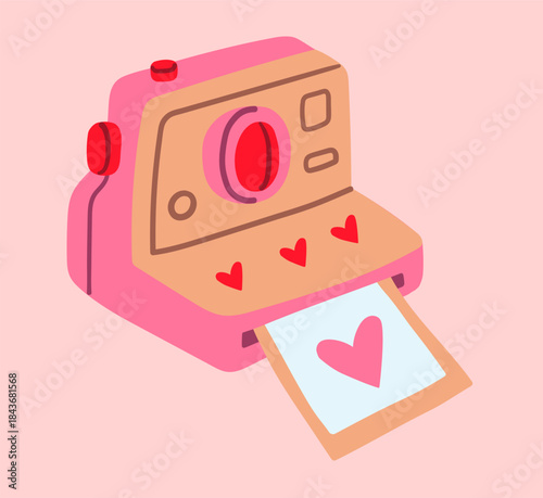 Flat style illustration of pink instant camera printing a heart photo, decorated with tiny red hearts, perfect for Valentine s Day cards, love stories, and romantic social media graphics.