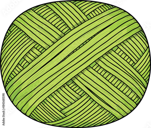 Green yarn ball with textured knitting pattern, hand drawn wool illustration for knitting, crochet, textile and craft designs