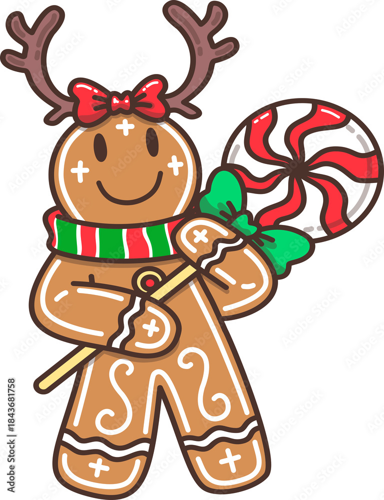 Fototapeta premium Gingerbread Man with Reindeer Antlers and Candy Character