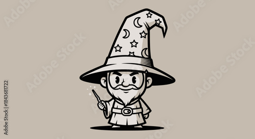 Cute Cartoon Wizard Character Holding Magic Wand on Beige Background