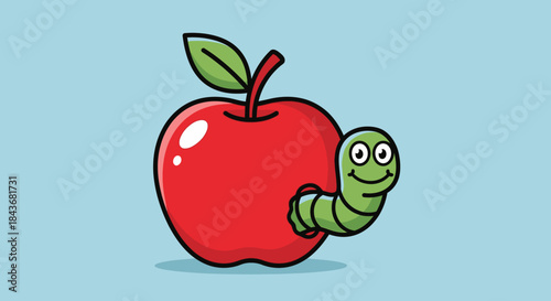 Happy Green Worm Peeking Out of a Red Apple on an Isolated White Background