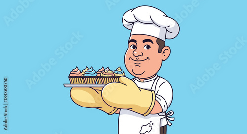 Happy Male Chef Presenting Tray of Cupcakes with Oven Mitts on Blue Background