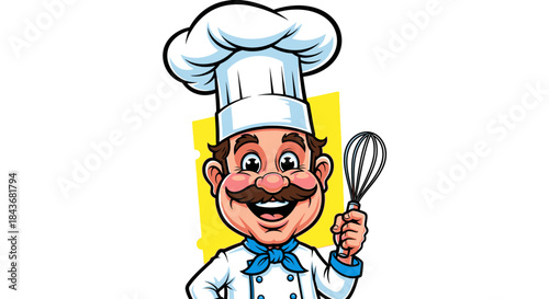 Happy Male Chef with Mustache Holding Whisk in Bright Studio