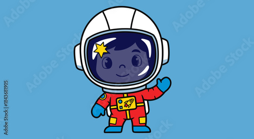 Cute Cartoon Child Astronaut Waving in Space Suit on Blue Background