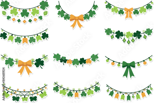 A festive array of St Patricks Day garlands with shamrocks bows and light bulbs