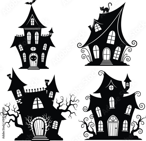 Four black silhouettes of haunted houses on white background isolated