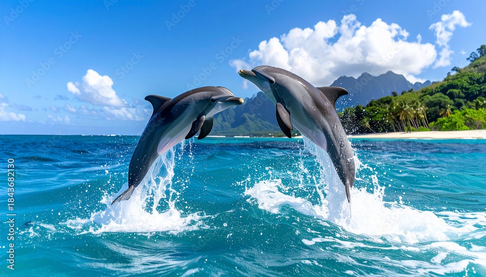 Fototapeta premium Dolphins Jumping in Tropical Ocean