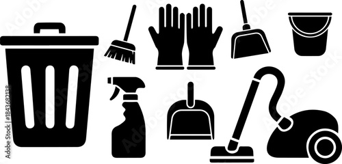 Solid black cleaning tools icon set