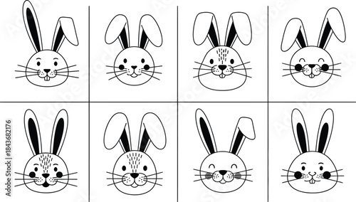 Collection of eight bunny face illustrations on white
