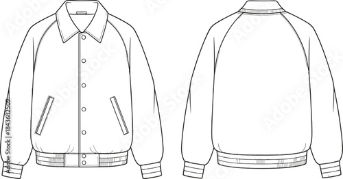 Classic Bomber Jacket Technical Flat Sketch with Ribbed Cuffs and Hem, Raglan Sleeves, and Button Front Closure, Essential Vector CAD Template for Fashion Design Technical Packs, Front and Back Views.