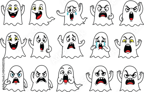 Collection of cartoon ghost faces with different expressions isolated on white background