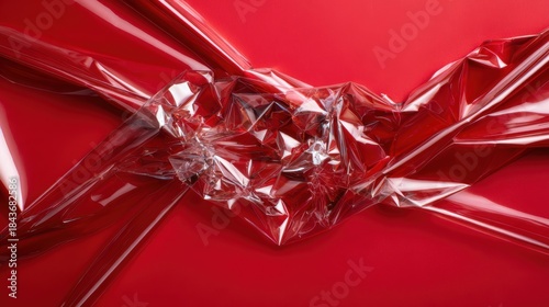 An artistic representation of crumpled plastic wrap contrasting against a bold red background, showcasing the tension between natural forms and synthetic materials, encouraging reflection.