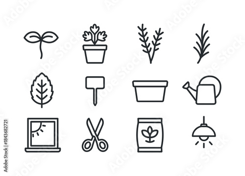 Herb Windowline Icons. Growing herbs on a windowsill. Line icon