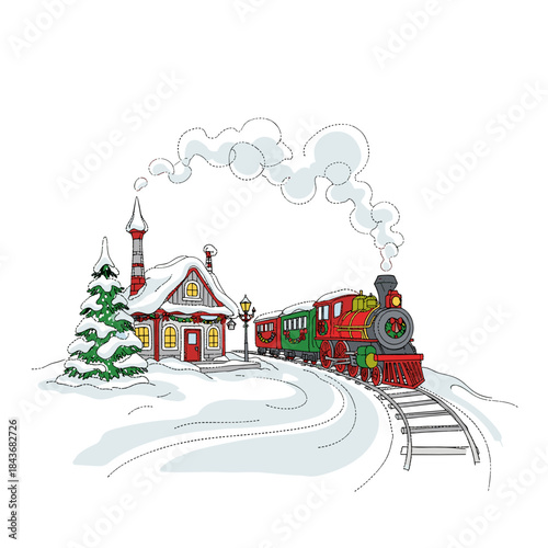 Vintage steam train arriving at snowy village station with pine tree