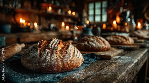 This image showcases a selection of artisan bread loaves beautifully arranged on a rustic wooden table, surrounded by a warm, inviting atmosphere created by soft candlelight.