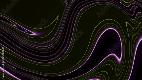 Abstract swirling dark background with vibrant purple and yellow iridescent lines creating a fluid psychedelic pattern with a cosmic nebula effect