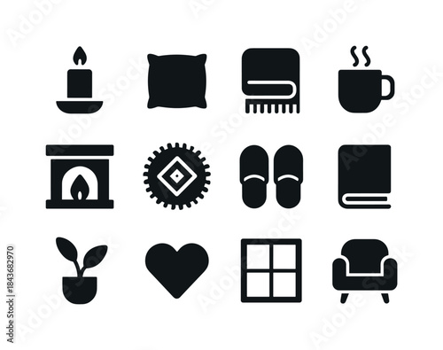 Hygge Icon Set. Hygge lifestyle. Solid icon set of hygge lifesty