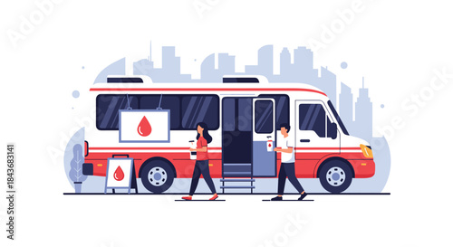 People entering a mobile blood donation bus in a city environment, a looping animation promoting community health initiatives.