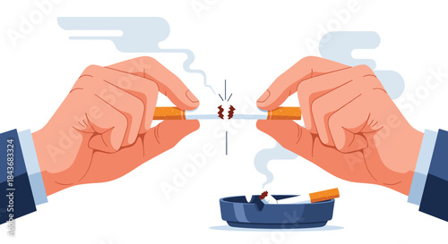 Two hands breaking a cigarette in half over an ashtray, a powerful looping animation for anti-smoking and quitting campaigns.