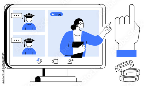 E-learning, virtual education, teacher-student interaction, tuition payment, online courses, distance learning. Digital classroom with teacher and students displayed on a screen. E-learning