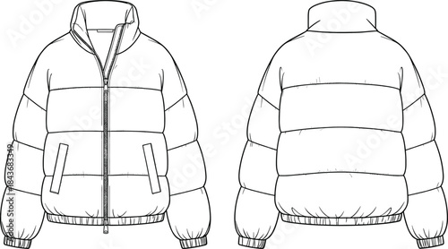 Cropped Puffer Jacket Technical Fashion Illustration, Front and Back Views, High Funnel Collar, Horizontal Quilting, Full Zip Closure, CAD Drawing Outerwear Vector Template.