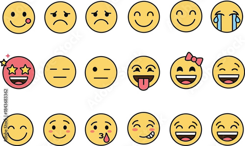 Collection of various yellow emoji faces isolated on white background