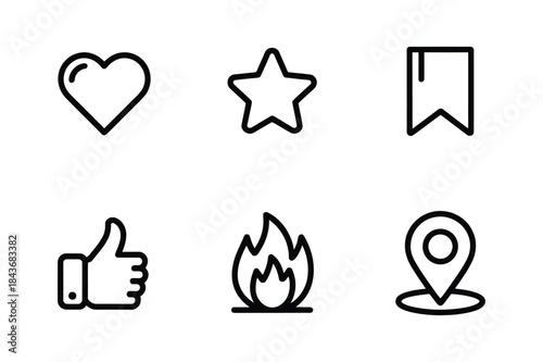 Simple line art icon set for web and mobile applications, including favorite, like, and location markers