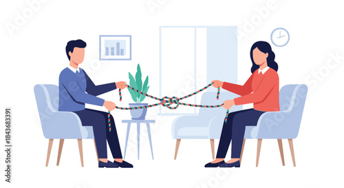 Couple in therapy working together to untie a complicated knot, a looping animation symbolizing marriage counseling and problem-solving.