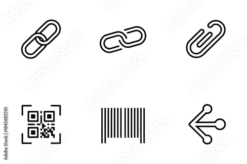 A collection of black and white outline icons representing links, barcodes, qr codes, and data transfer