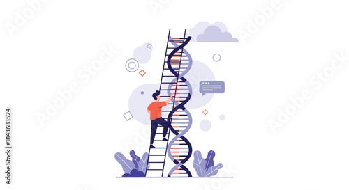 Man climbing a ladder integrated with a DNA helix, a looping animation symbolizing genetic research and career advancement in science.